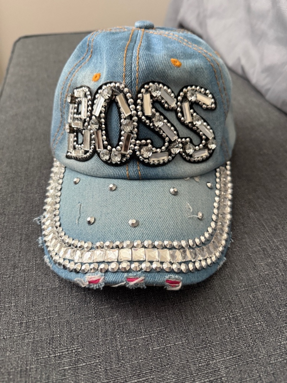 Light Wash Denim Baseball Cap with Brown Strap